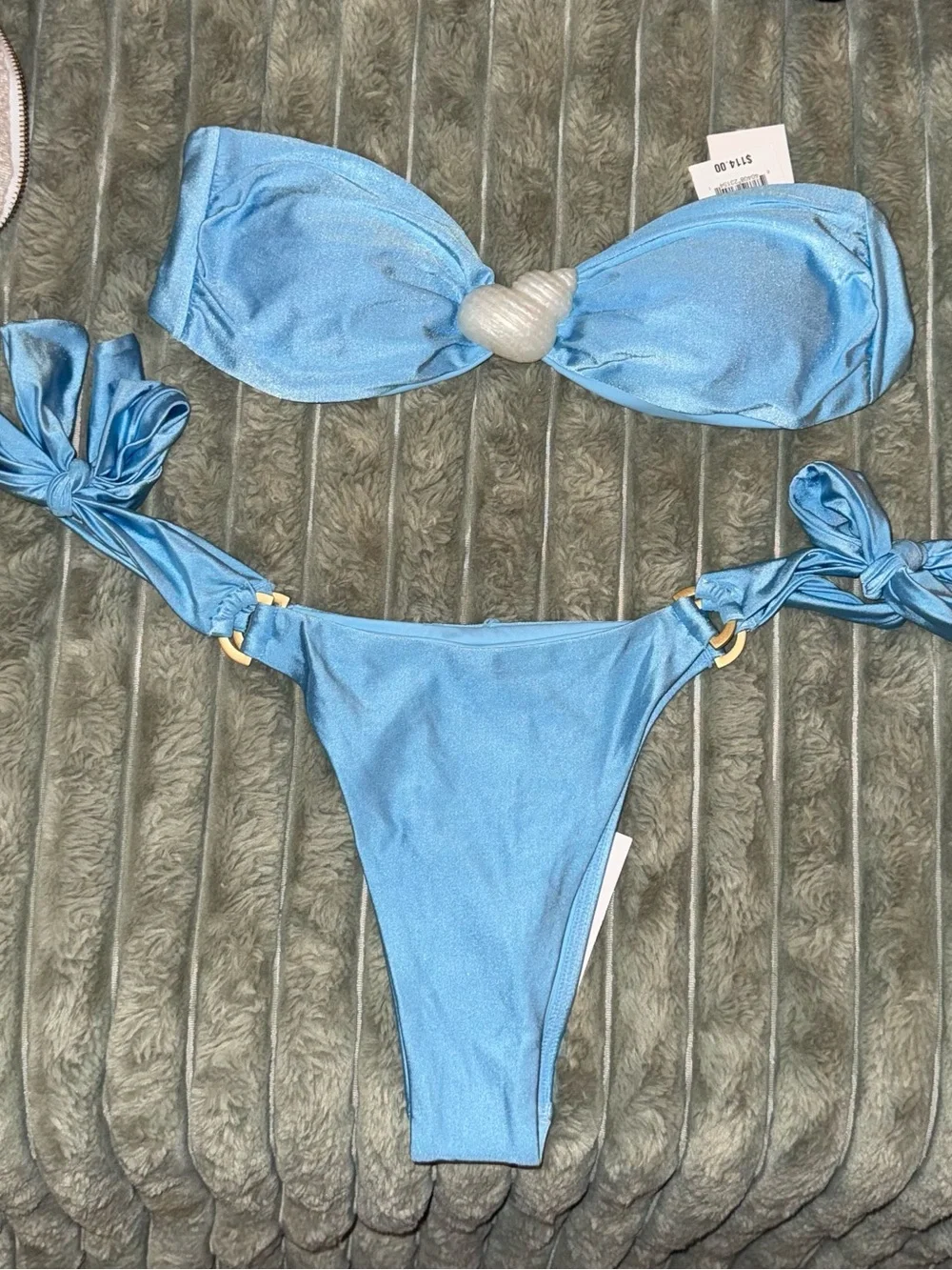 l*space Sky Blue Bandeau Bikini Top with seashell & gold metal D ring bottom M